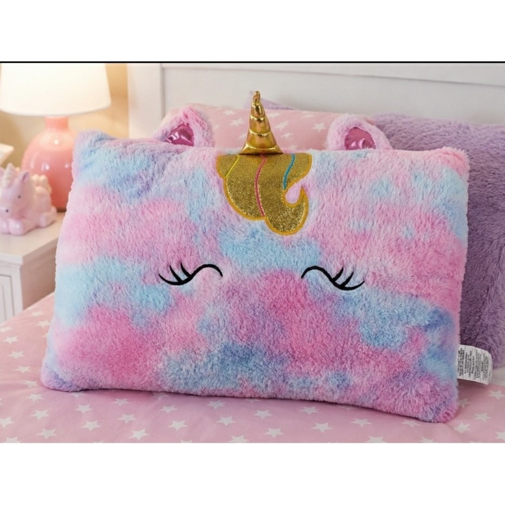 Unicorn Kids Bed Pillow Pink Blue Purple Tie Dye Fuzzy Plush Gold Horn NWT